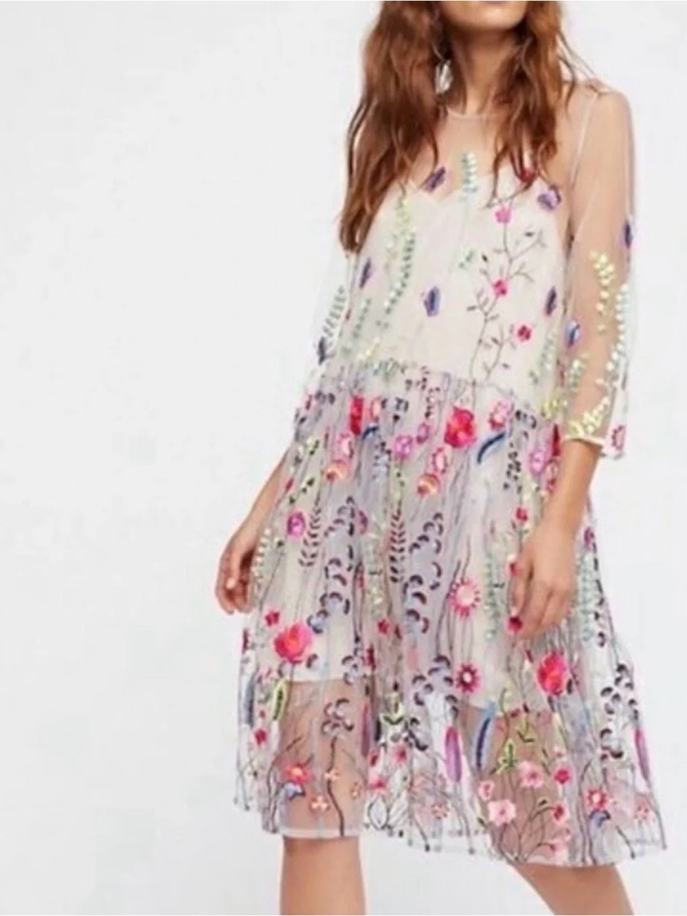 Free People Sheer Garden Embroidered Tulle mesh Midi floral Dress Medium
